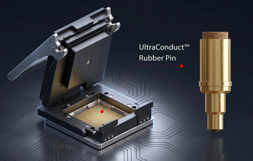 UltraConductâ¢ Rubber Pin Test Socket featuring DediProgâs patented PCR x Pogo Pin hybrid contact structure, the new solution combines low contact resistance, high-frequency signal integrity, solder ball protection, and long-stroke warpage compensation capability, providing a next-generation test interface for AI/HPC ICs.